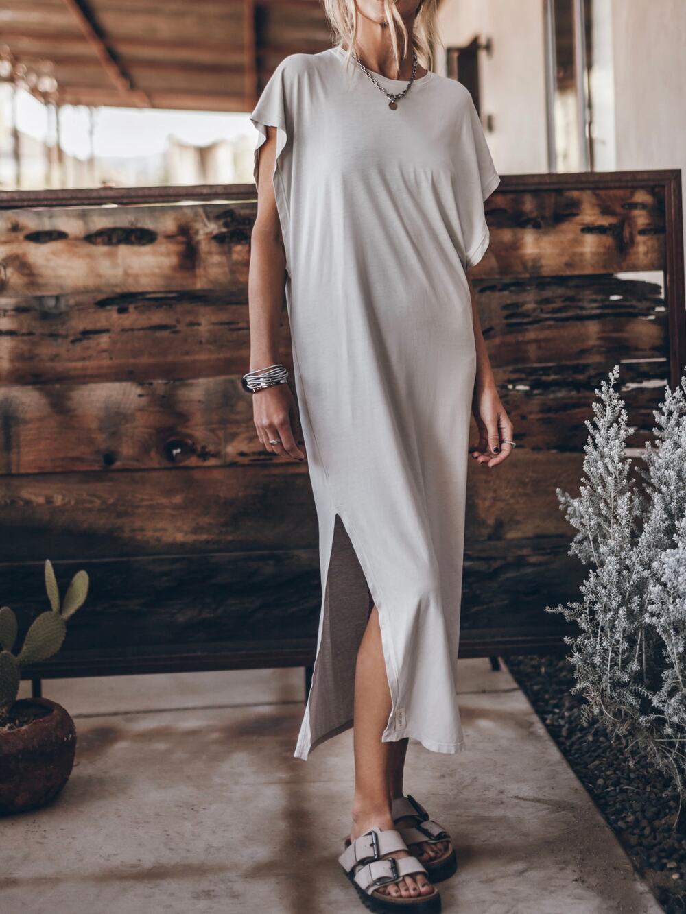 MIKUTA Batwing Maxi T-Shirt Dress Small Light Grey Lyocell Cotton Side Slit